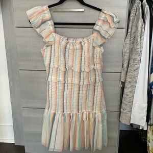 Saylor multicolored smocked ruffle mini dress - size small